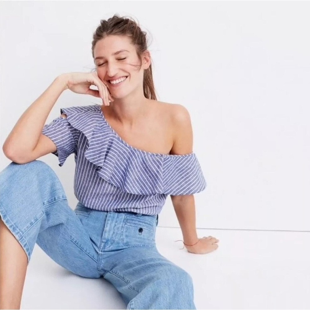 Madewell One Shoulder Blue and White Ruffle Spring Summer Top Size 10